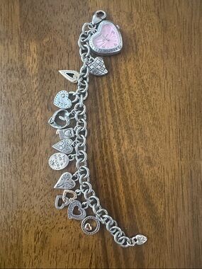 Brighton Silver-Tone Heart Charm Bracelet with Pink Heart Watch Charm